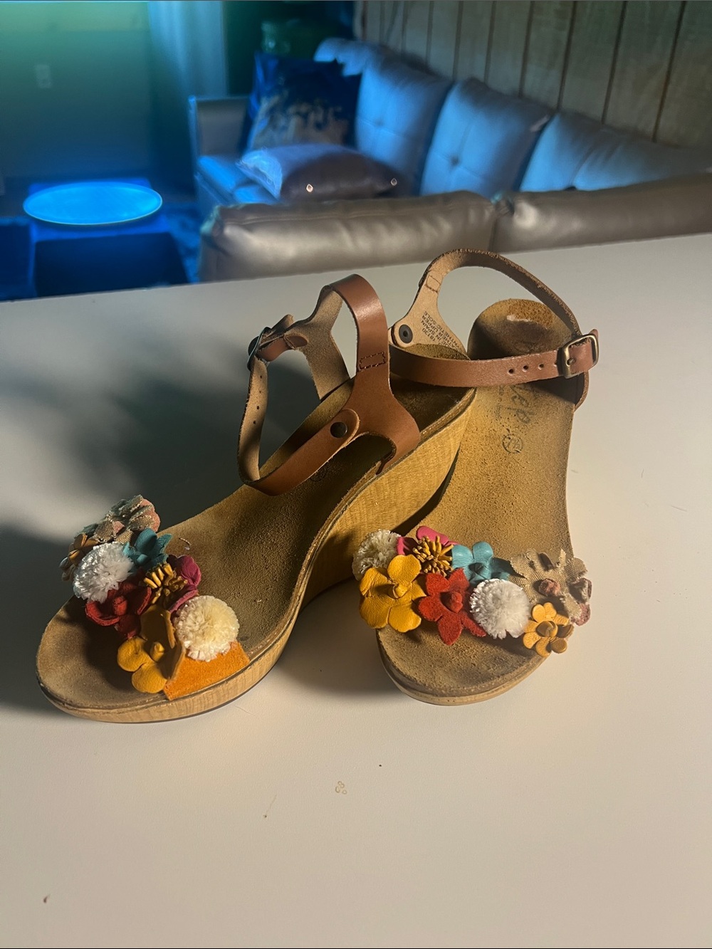 Women's Floral Pom Wedge Sandals in Brown and Multicolor